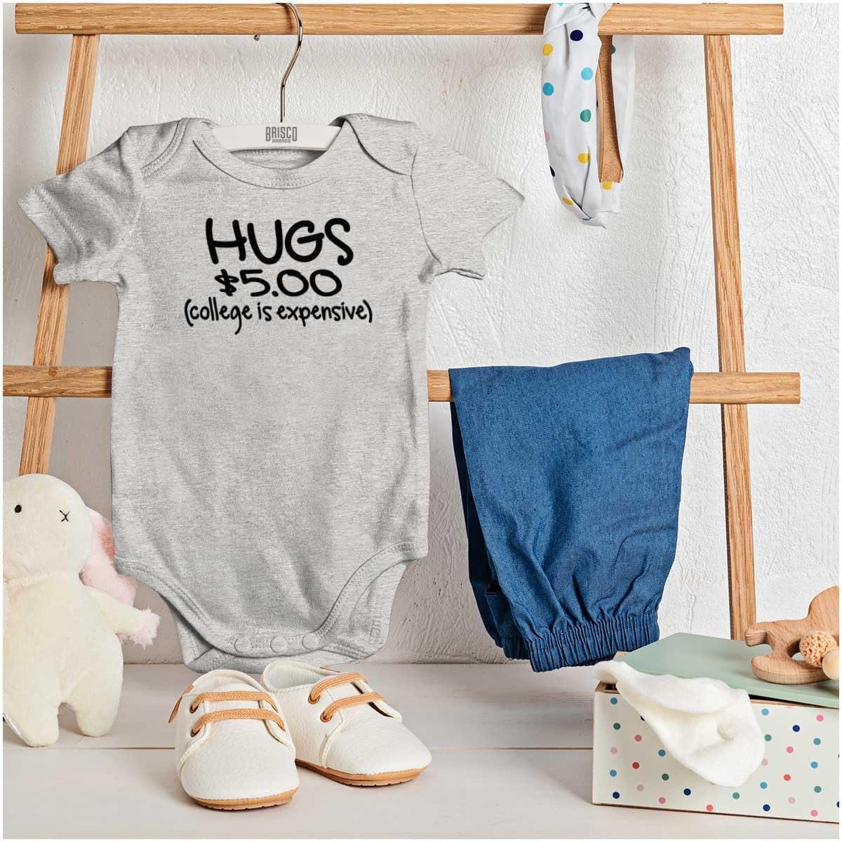 imageBrisco Brands Hugs 5 Dollars College Expensive Baby Baby Romper Boys or GirlsHeather
