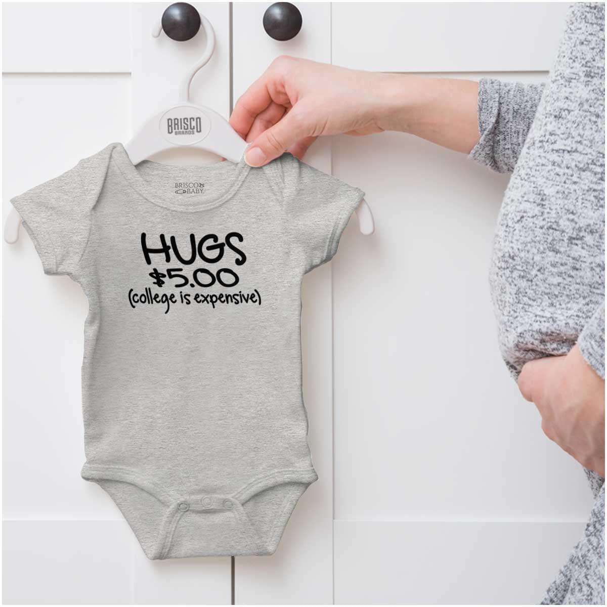 imageBrisco Brands Hugs 5 Dollars College Expensive Baby Baby Romper Boys or GirlsHeather