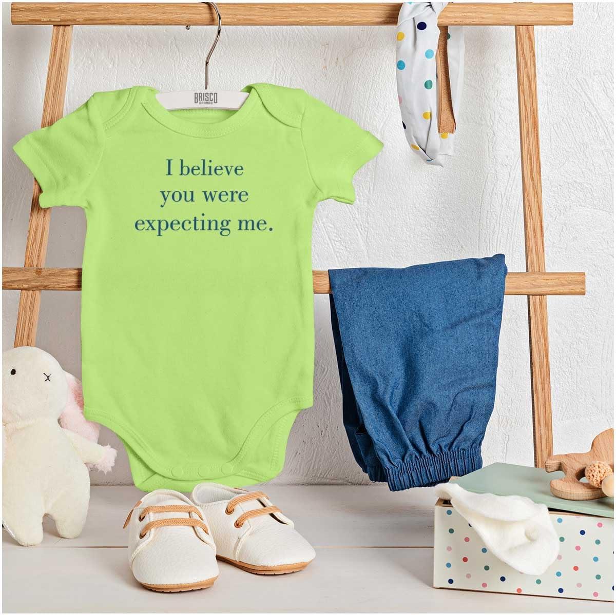 imageBrisco Brands I Believe You Were Expecting Me Baby Romper Boys or GirlsKey Lime