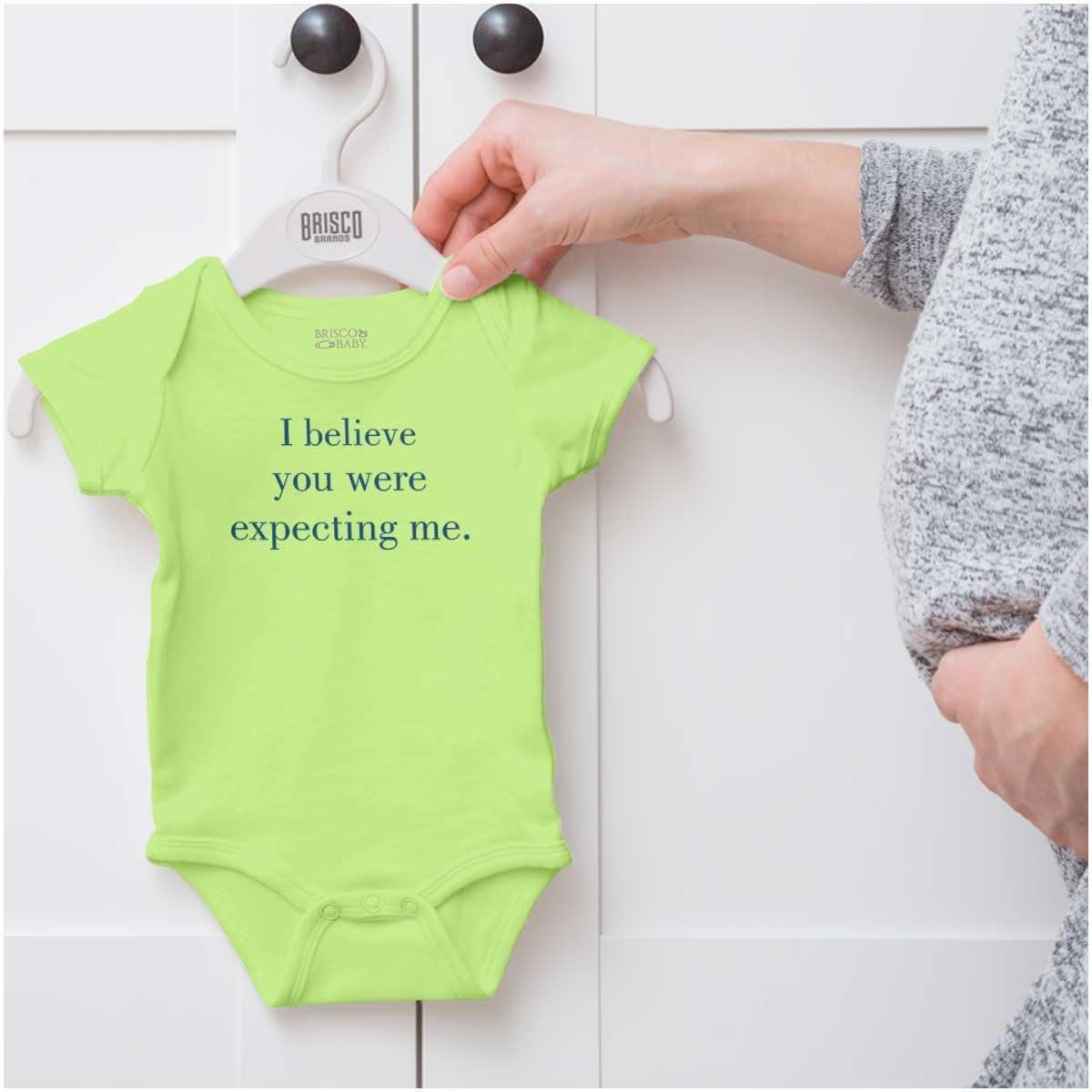 imageBrisco Brands I Believe You Were Expecting Me Baby Romper Boys or GirlsKey Lime