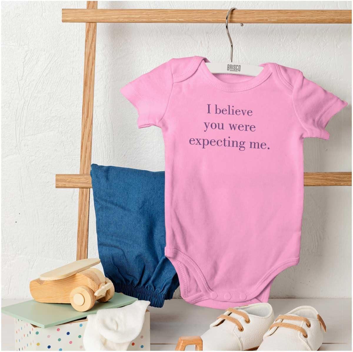 imageBrisco Brands I Believe You Were Expecting Me Baby Romper Boys or GirlsPink