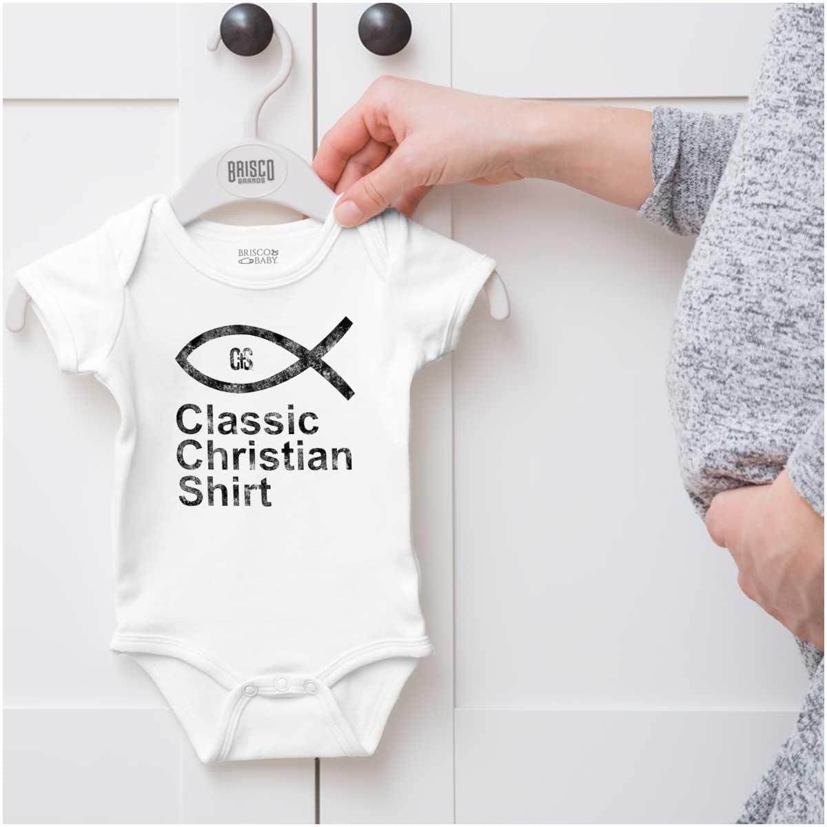 imageBrisco Brands Jesus Fish Christian Faith Ichthys Baby Romper Boys or GirlsWhite