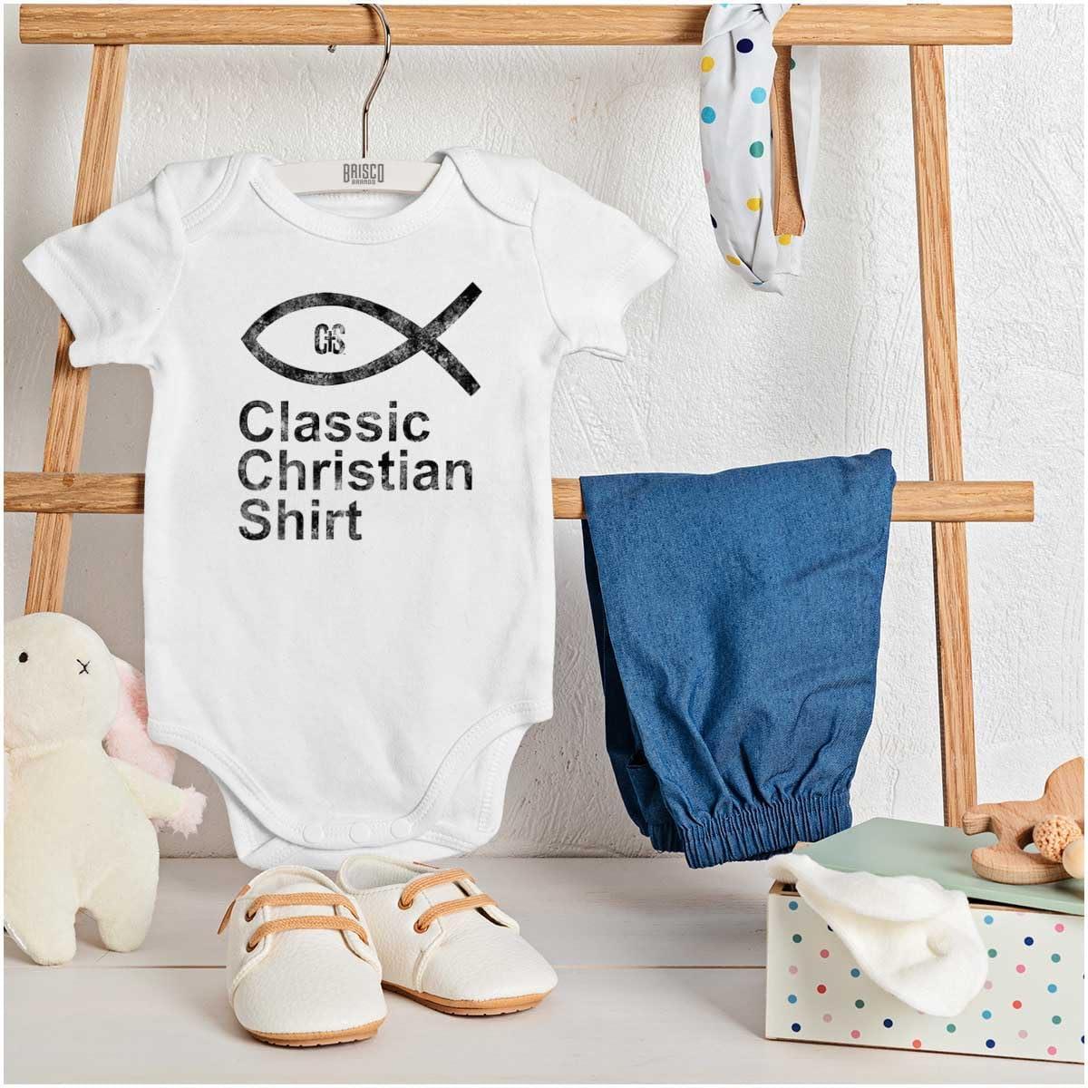 imageBrisco Brands Jesus Fish Christian Faith Ichthys Baby Romper Boys or GirlsWhite