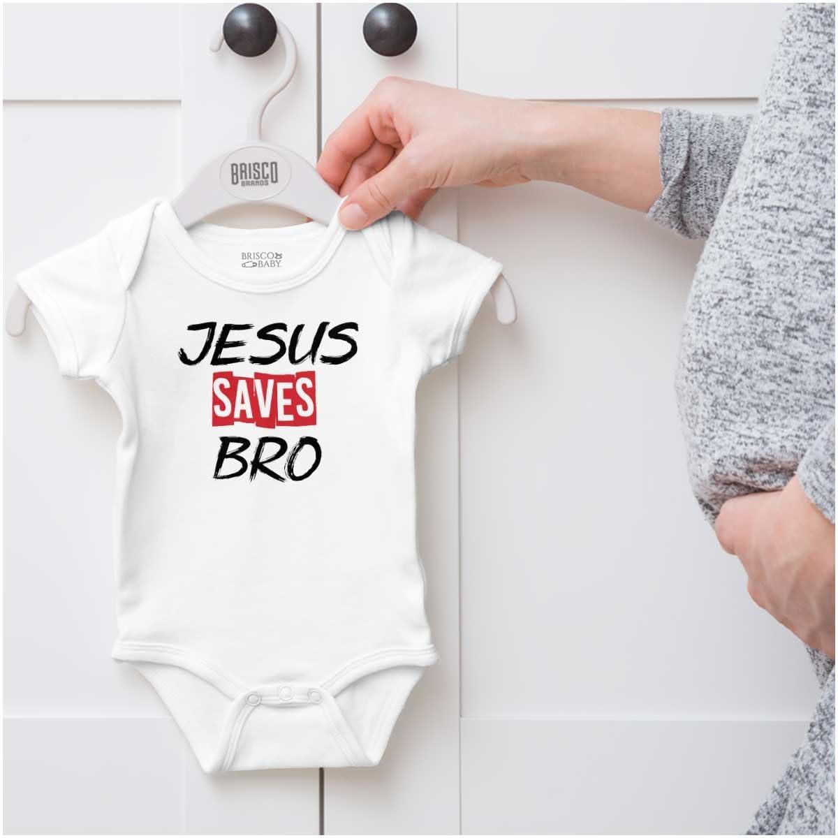 imageBrisco Brands Jesus Saves Bro Funny Christian Baby Romper Boys or GirlsWhite