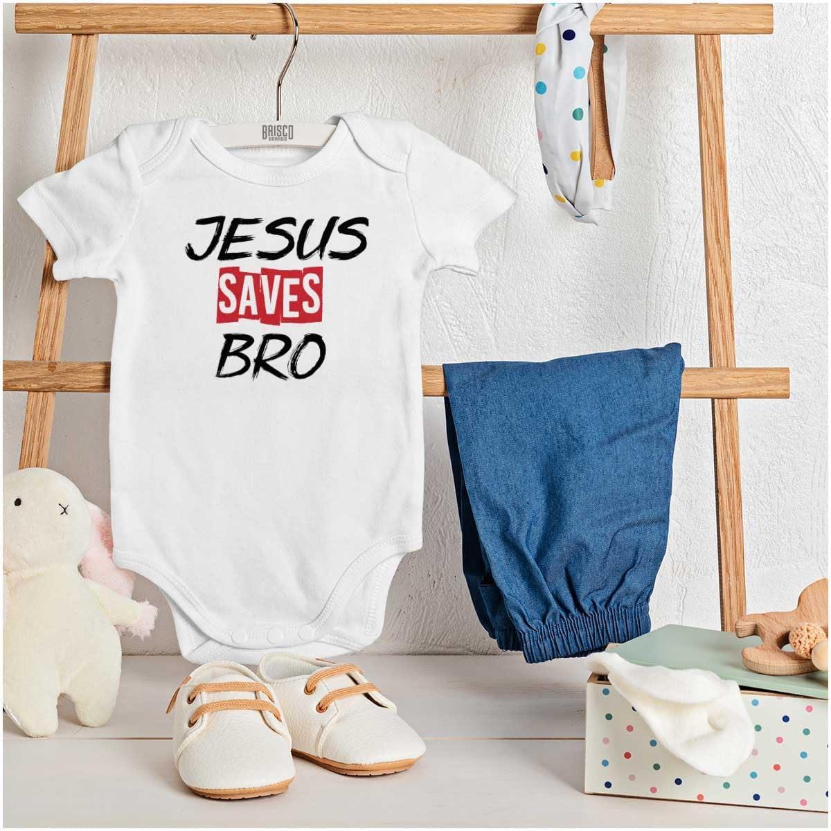 imageBrisco Brands Jesus Saves Bro Funny Christian Baby Romper Boys or GirlsWhite