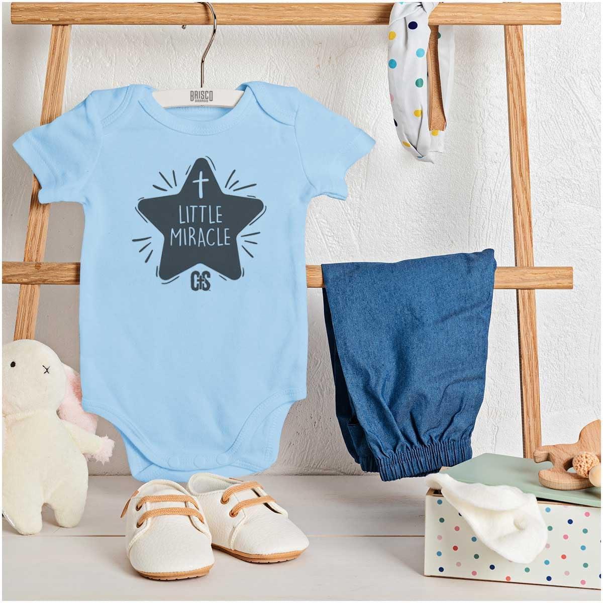 imageBrisco Brands Little Miracle Christian Religious Baby Romper Boys or GirlsLight Blue