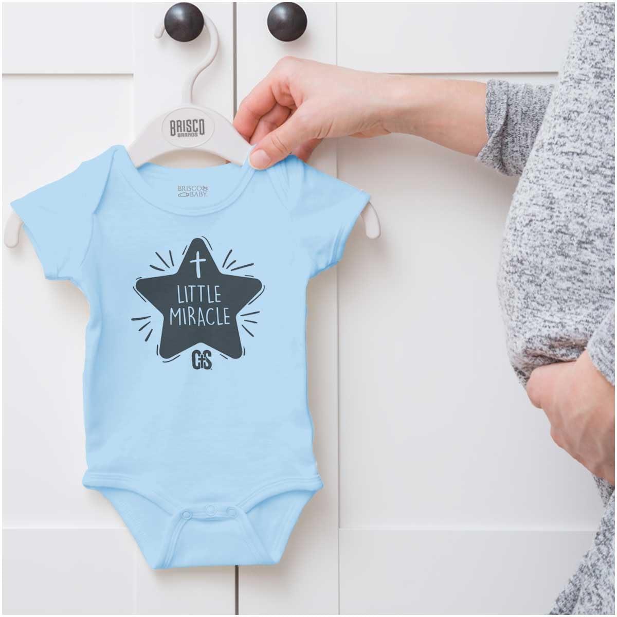 imageBrisco Brands Little Miracle Christian Religious Baby Romper Boys or GirlsLight Blue