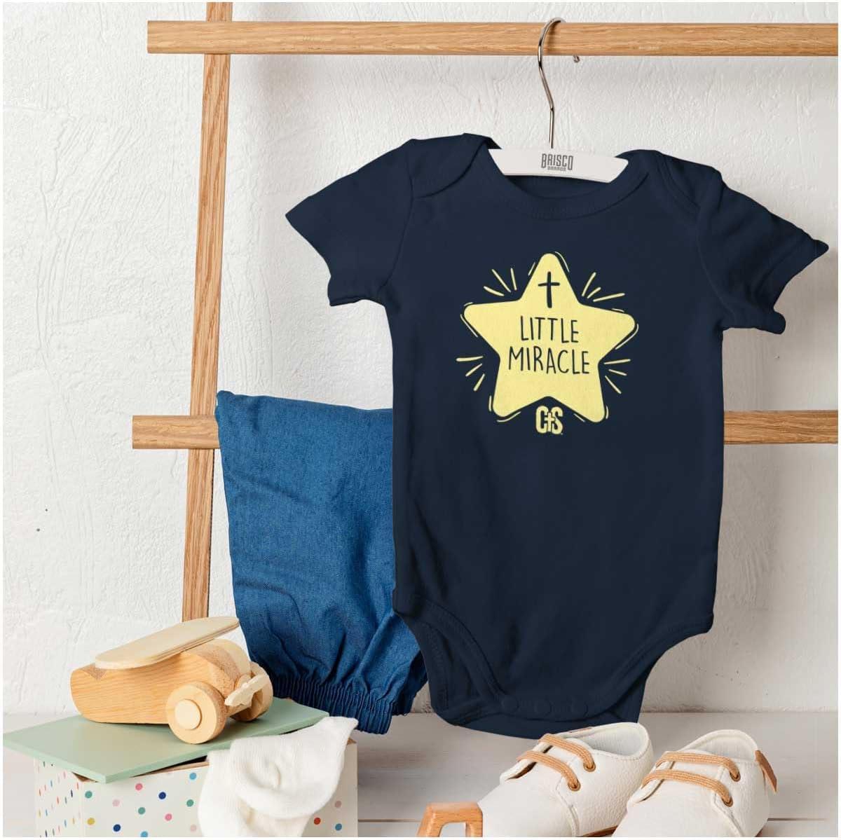 imageBrisco Brands Little Miracle Christian Religious Baby Romper Boys or GirlsNavy