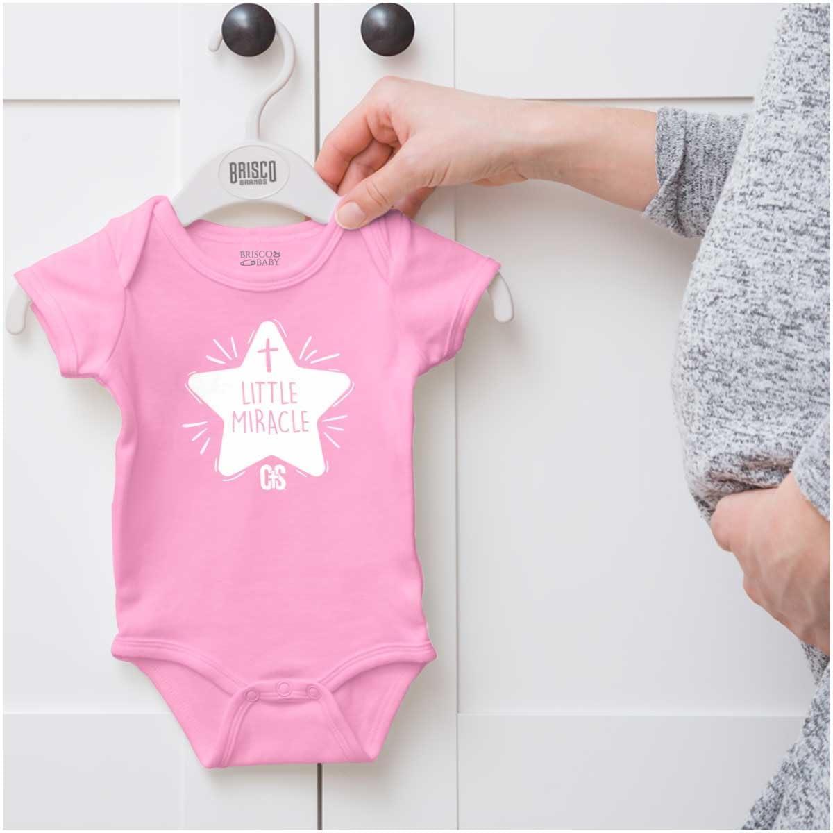 imageBrisco Brands Little Miracle Christian Religious Baby Romper Boys or GirlsPink