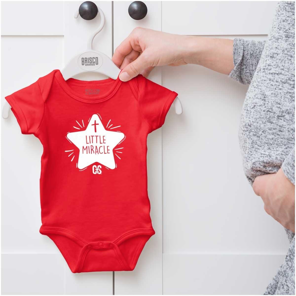 imageBrisco Brands Little Miracle Christian Religious Baby Romper Boys or GirlsRed