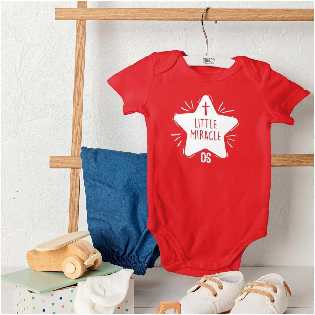 imageBrisco Brands Little Miracle Christian Religious Baby Romper Boys or GirlsRed