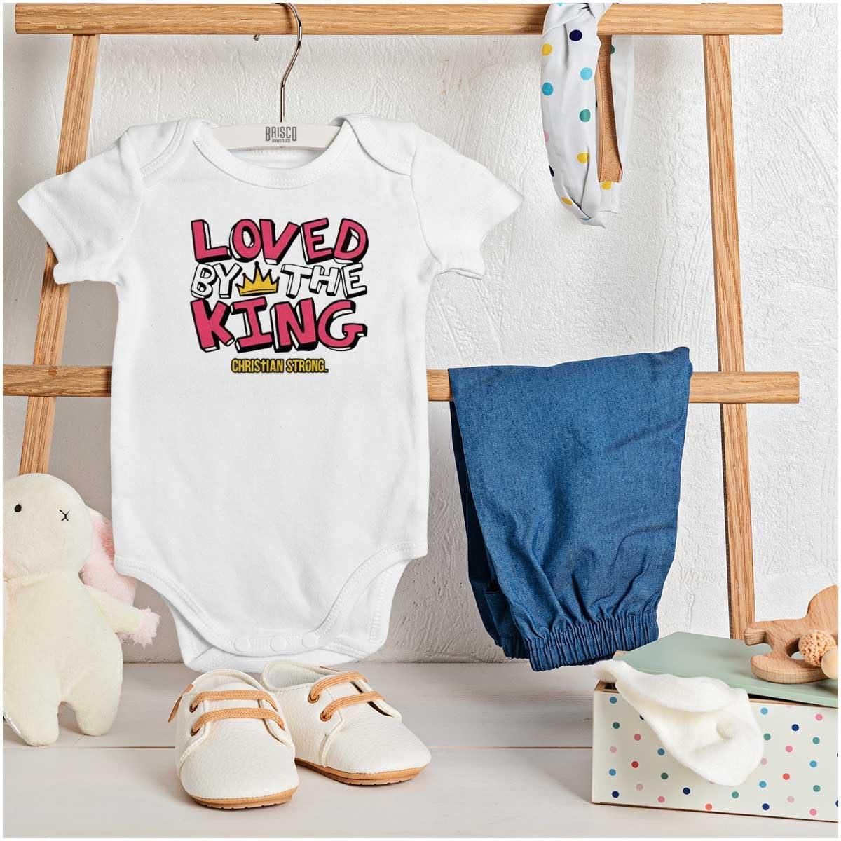 imageBrisco Brands Loved By The King Christian Strong Baby Romper Boys or GirlsWhite