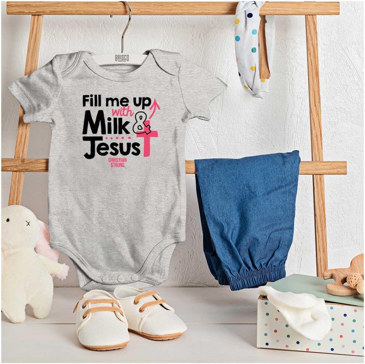 imageBrisco Brands Milk And Jesus Funny Christian Cross Baby Bodysuit Jumper GirlsHeather