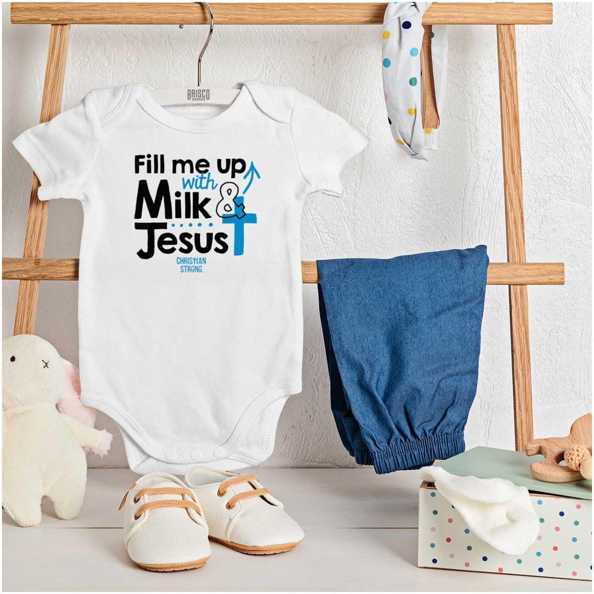 imageBrisco Brands Milk And Jesus Funny Christian Cross Baby Bodysuit Jumper GirlsWhite