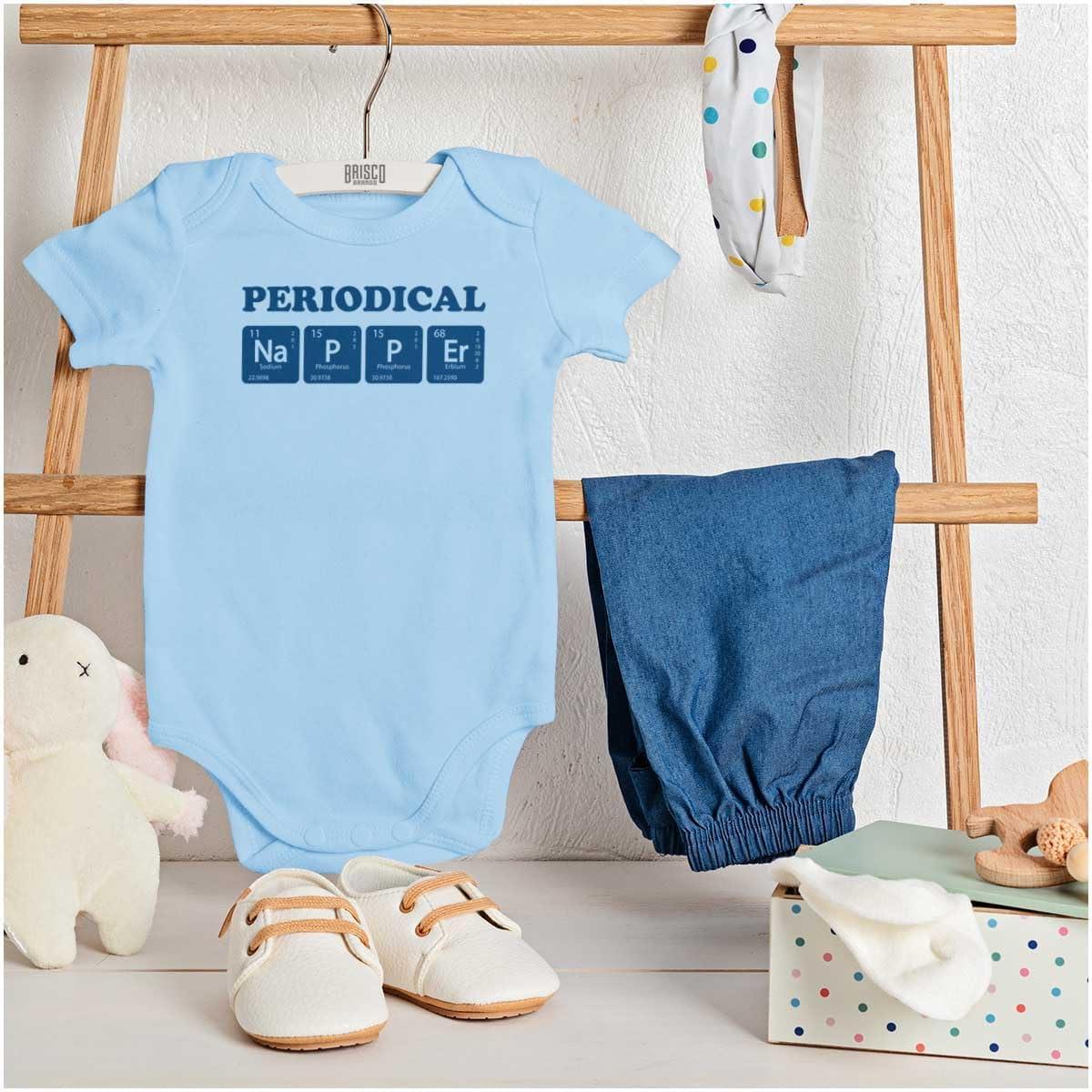 imageBrisco Brands Periodical Napper Science Nerd Baby Romper Boys or GirlsLight Blue