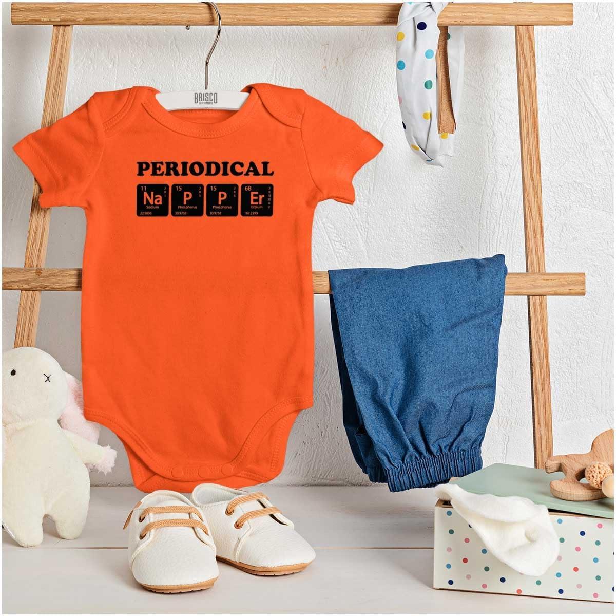 imageBrisco Brands Periodical Napper Science Nerd Baby Romper Boys or GirlsOrange