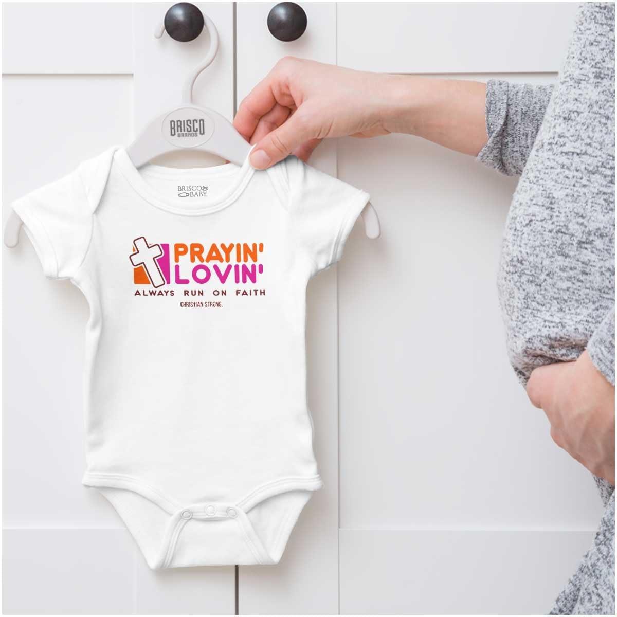 imageBrisco Brands Praying Loving Running on Faith Jesus Baby Romper Boys or GirlsWhite
