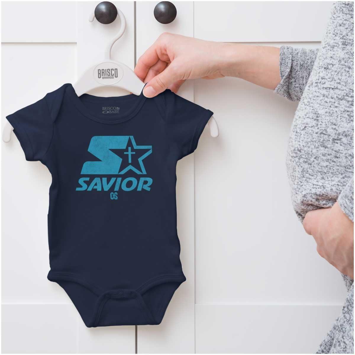 imageBrisco Brands Savior Christian Strong Jesus Cross Baby Romper Boys or GirlsNavy