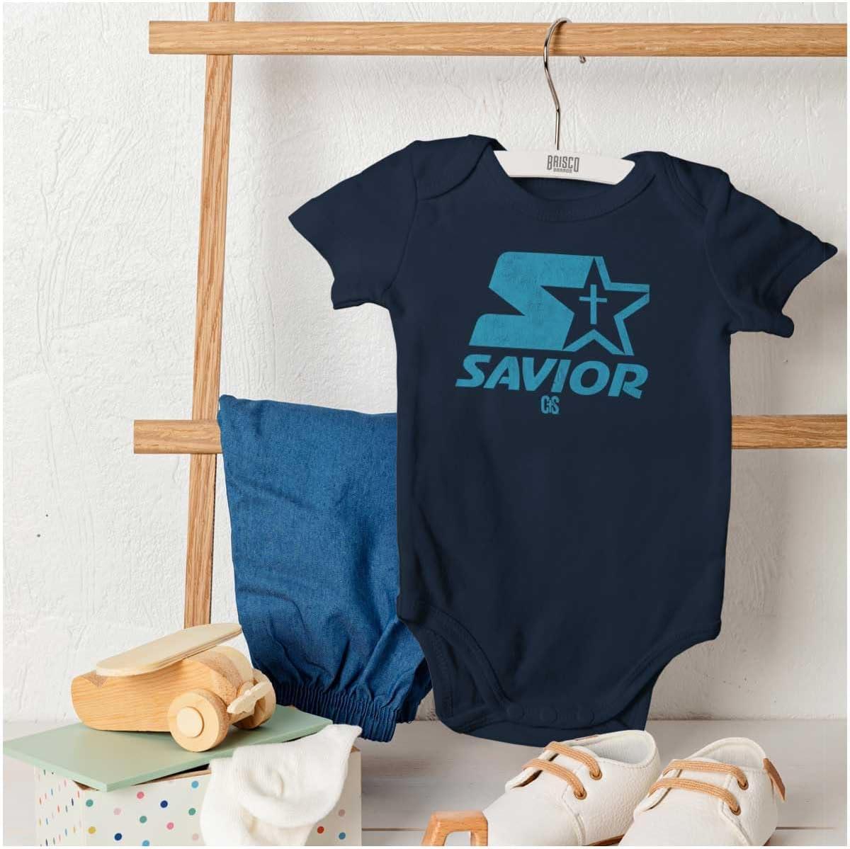 imageBrisco Brands Savior Christian Strong Jesus Cross Baby Romper Boys or GirlsNavy