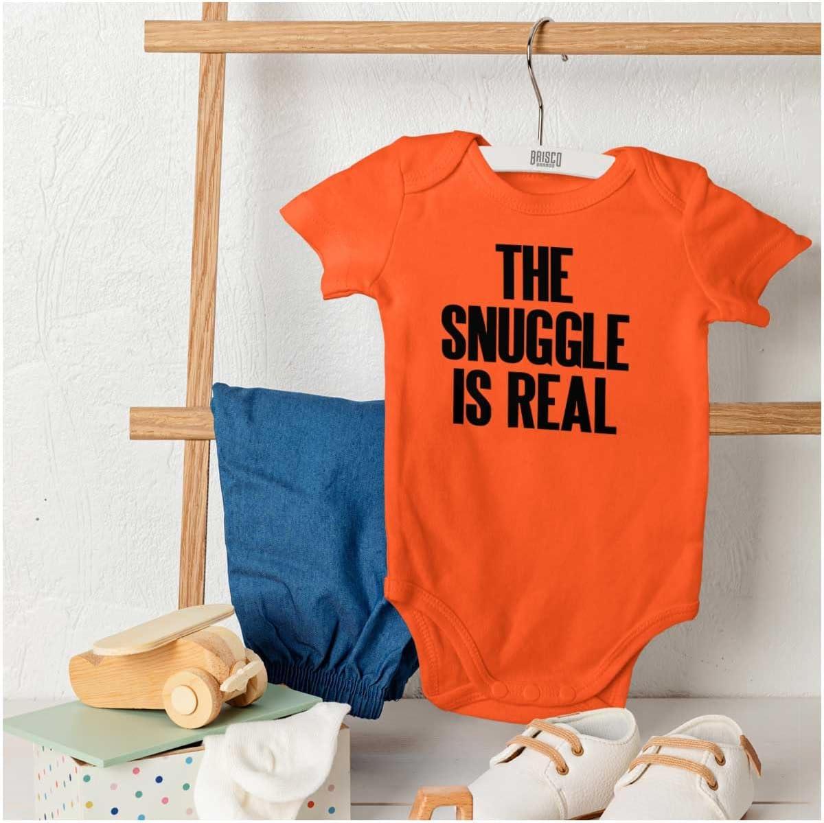 imageBrisco Brands The Snuggle Is Real Humor Pun Cute Baby Romper Boys or GirlsOrange