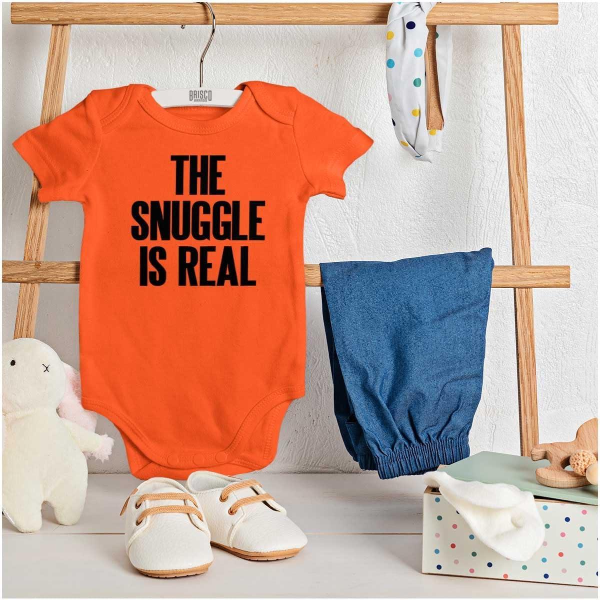 imageBrisco Brands The Snuggle Is Real Humor Pun Cute Baby Romper Boys or GirlsOrange
