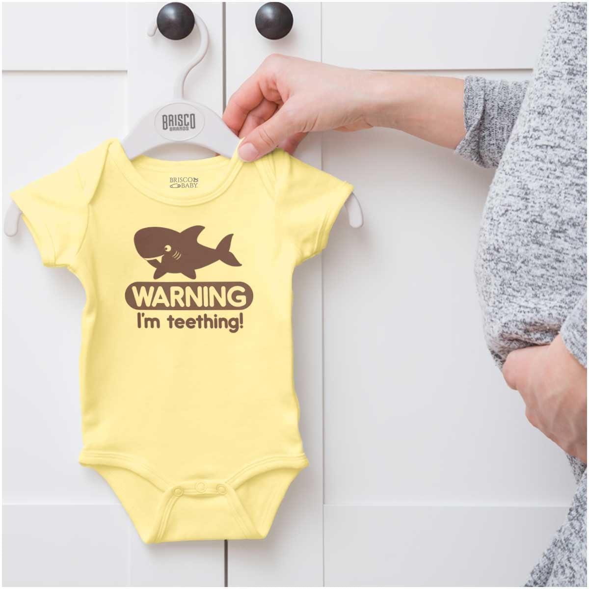 imageBrisco Brands Warning Im Teething Funny Shark Baby Bodysuit Jumper BoysBanana