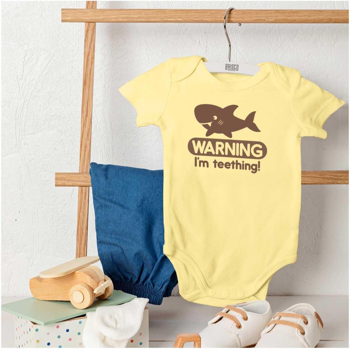 imageBrisco Brands Warning Im Teething Funny Shark Baby Bodysuit Jumper BoysBanana