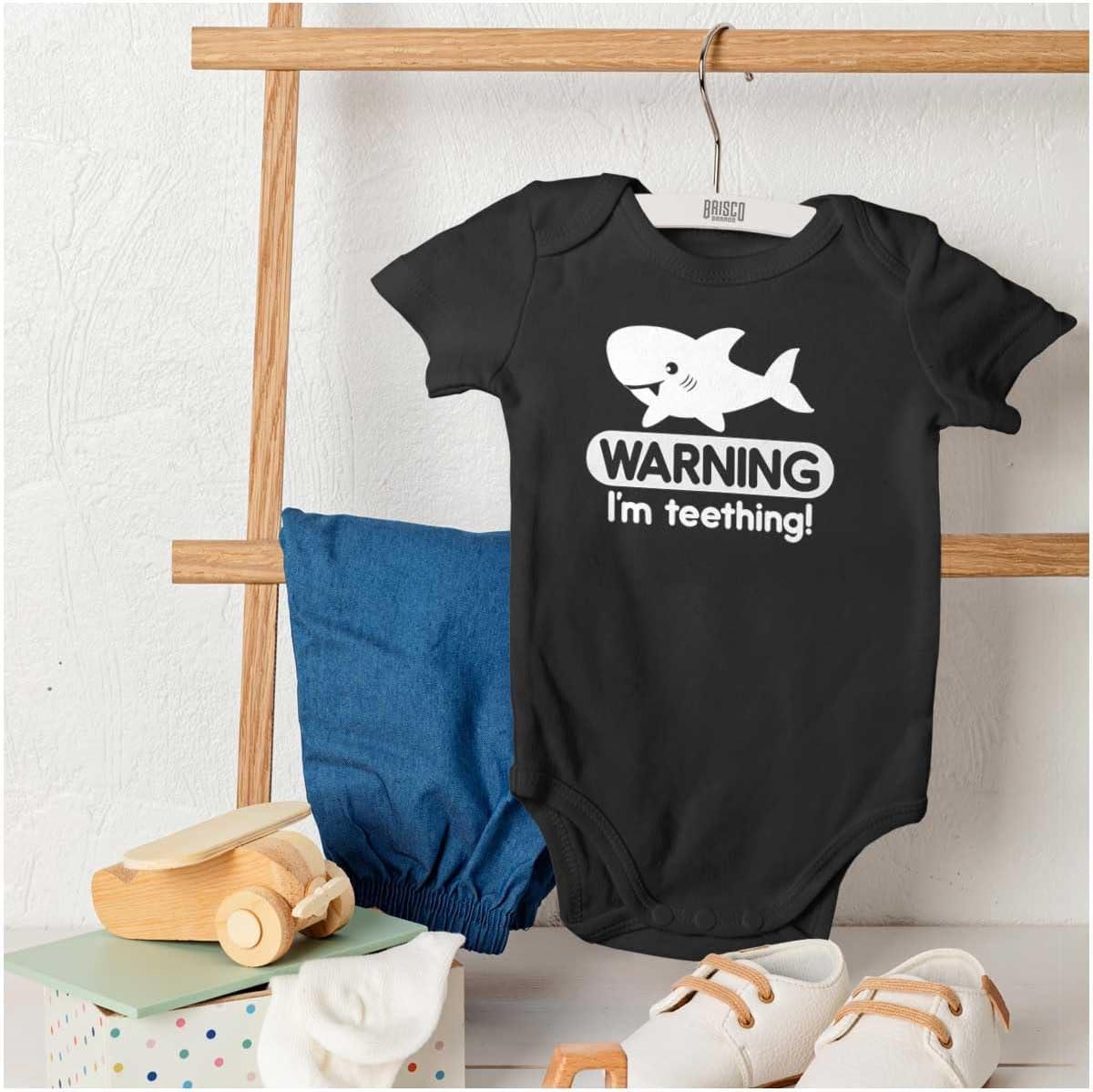 imageBrisco Brands Warning Im Teething Funny Shark Baby Bodysuit Jumper BoysBlack