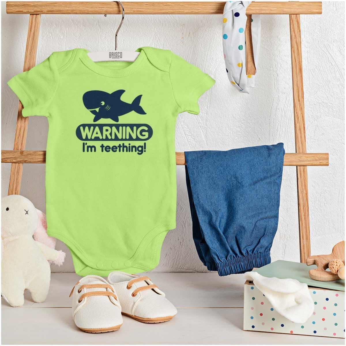 imageBrisco Brands Warning Im Teething Funny Shark Baby Bodysuit Jumper BoysKey Lime