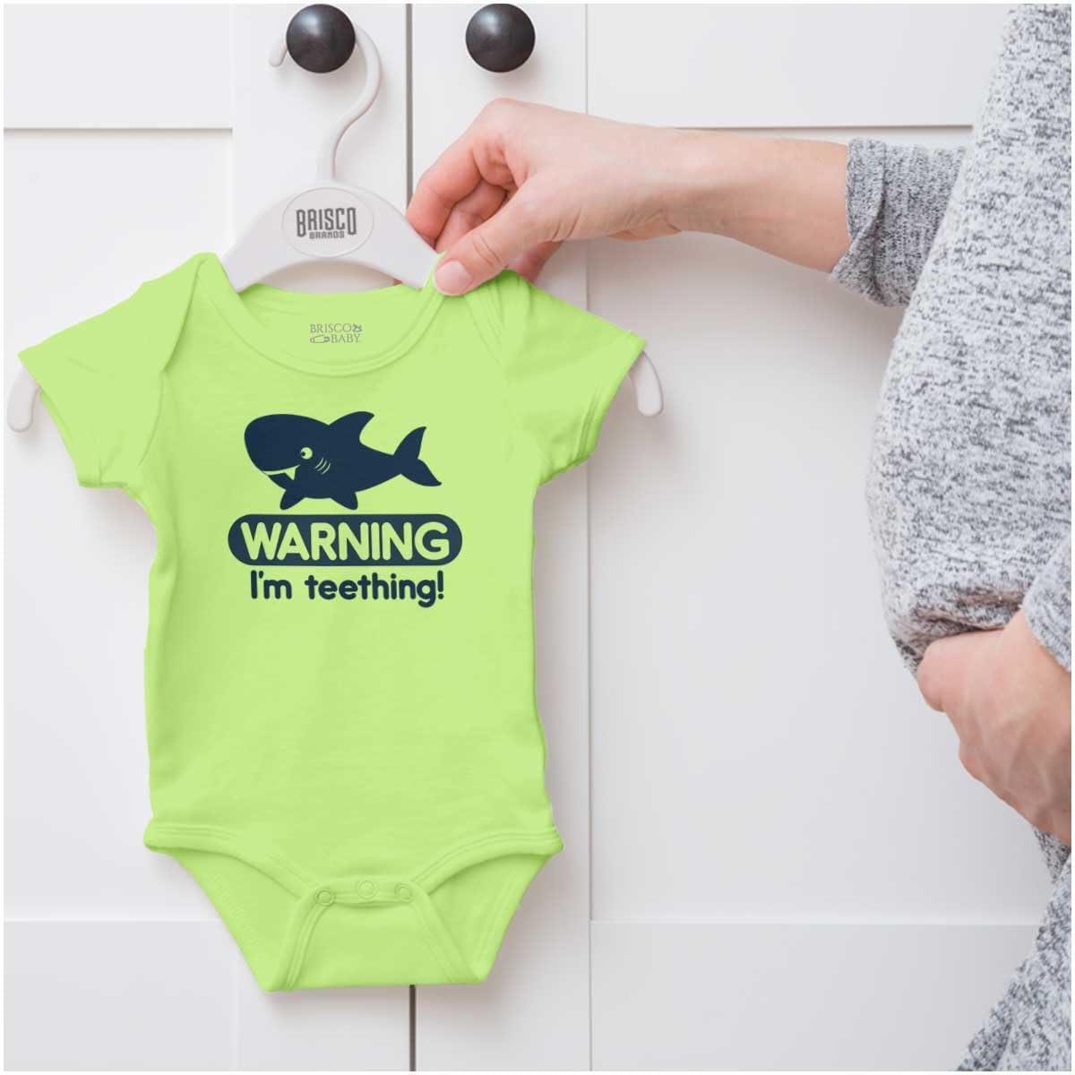 imageBrisco Brands Warning Im Teething Funny Shark Baby Bodysuit Jumper BoysKey Lime