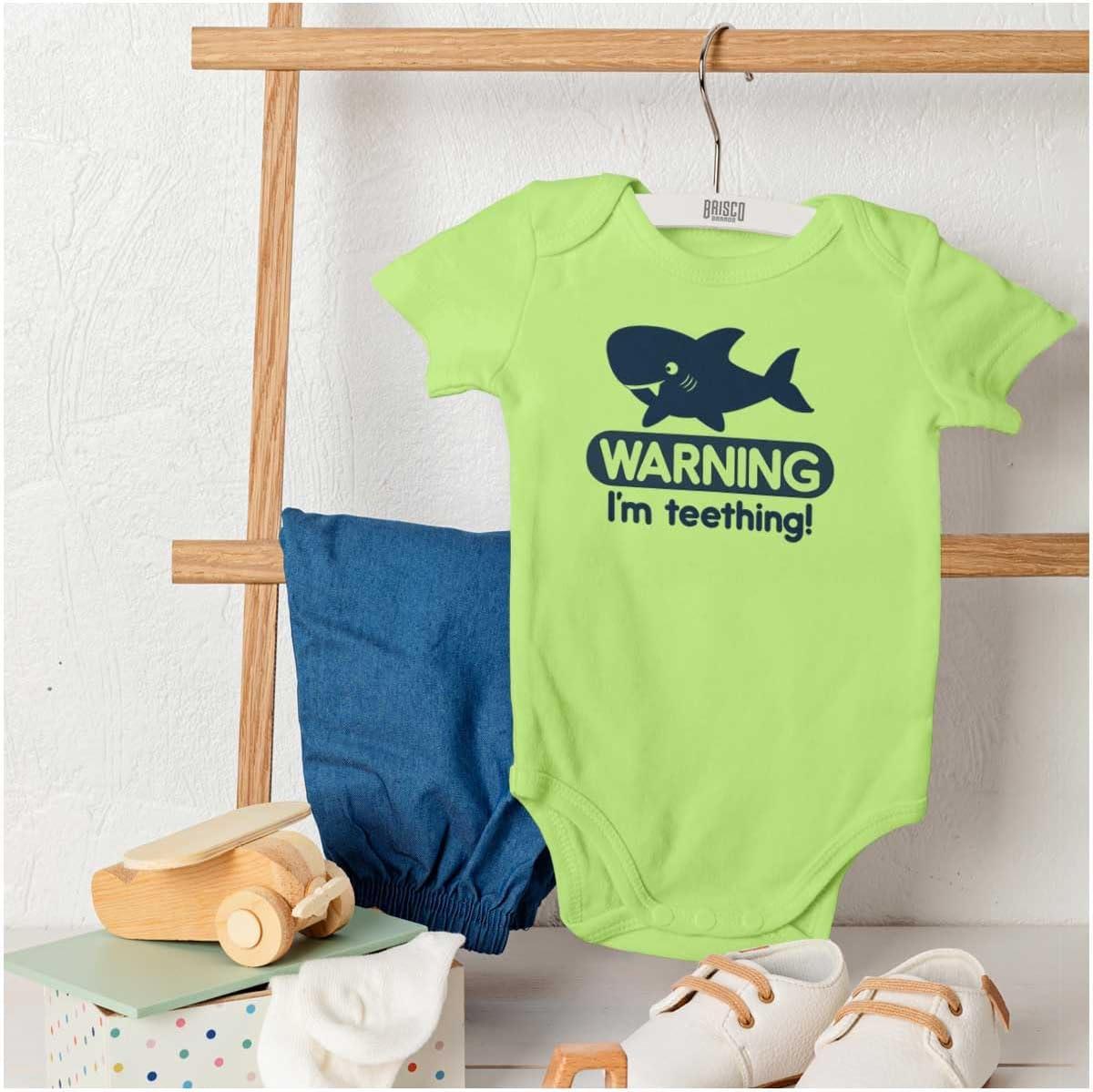 imageBrisco Brands Warning Im Teething Funny Shark Baby Bodysuit Jumper BoysKey Lime