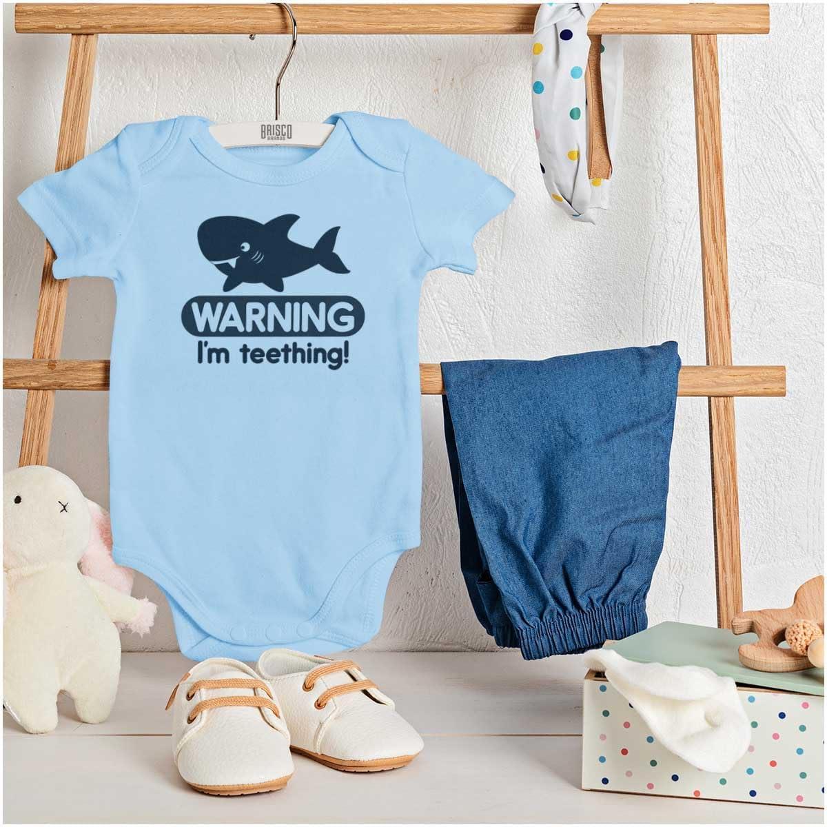 imageBrisco Brands Warning Im Teething Funny Shark Baby Bodysuit Jumper BoysLight Blue