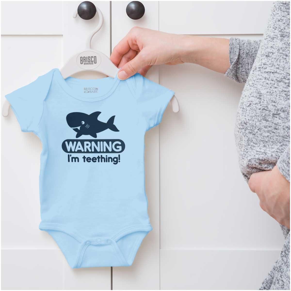 imageBrisco Brands Warning Im Teething Funny Shark Baby Bodysuit Jumper BoysLight Blue