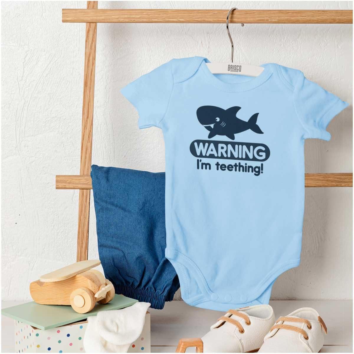 imageBrisco Brands Warning Im Teething Funny Shark Baby Bodysuit Jumper BoysLight Blue