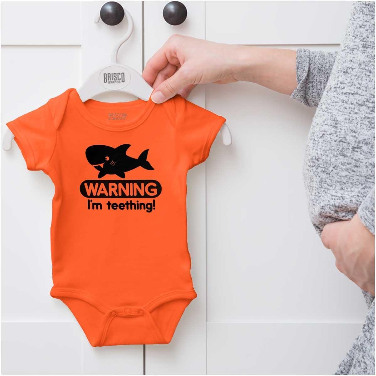 imageBrisco Brands Warning Im Teething Funny Shark Baby Bodysuit Jumper BoysOrange