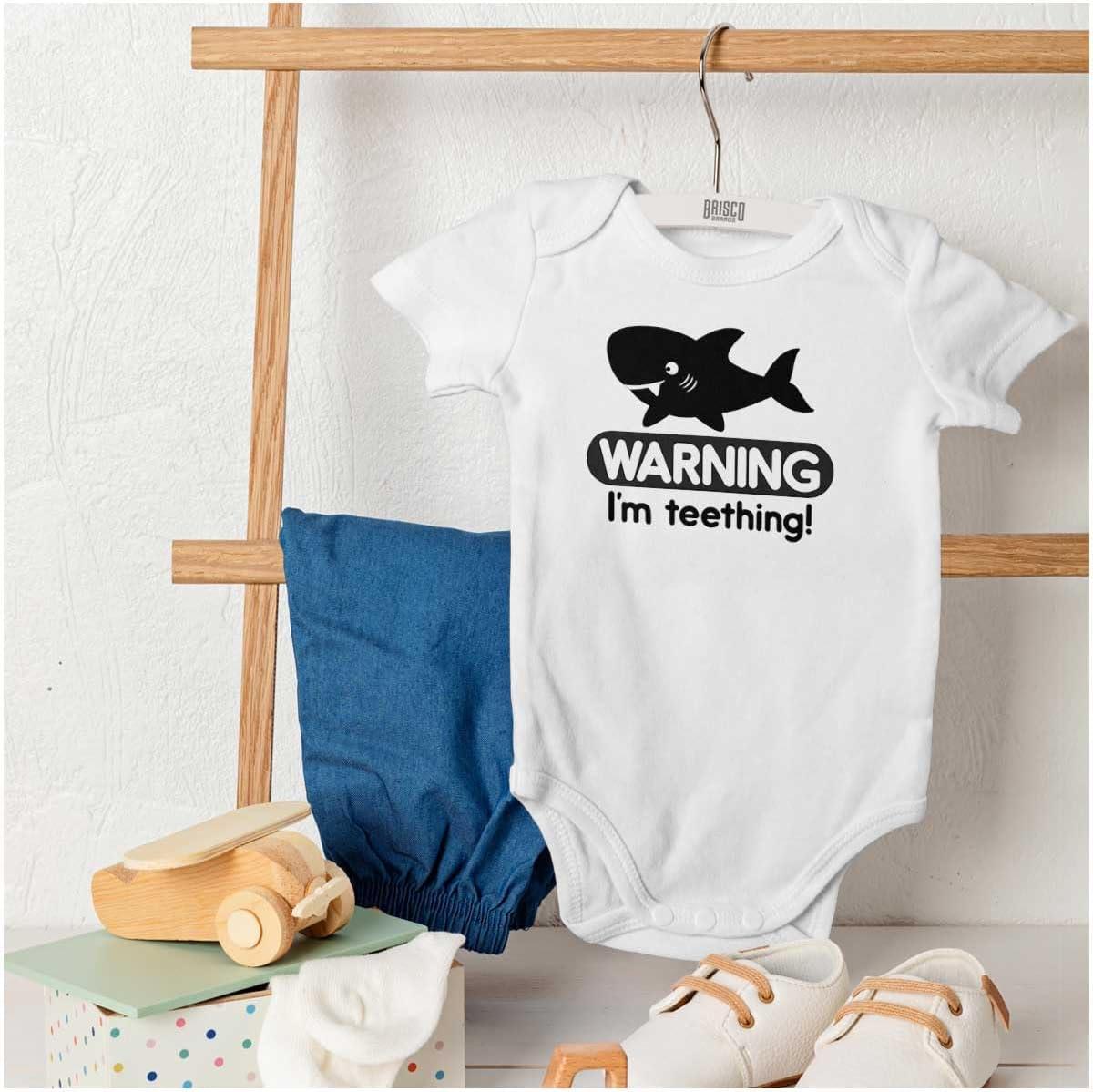 imageBrisco Brands Warning Im Teething Funny Shark Baby Bodysuit Jumper BoysWhite