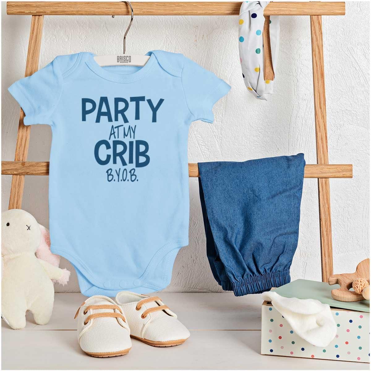 imageParty At My Crib BYOB Funny Baby Romper Boys or GirlsLight Blue