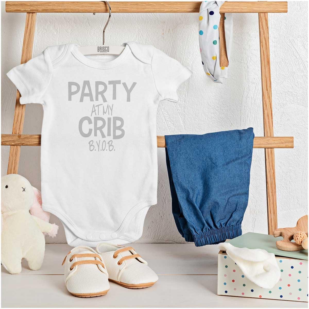 imageParty At My Crib BYOB Funny Baby Romper Boys or GirlsWhite