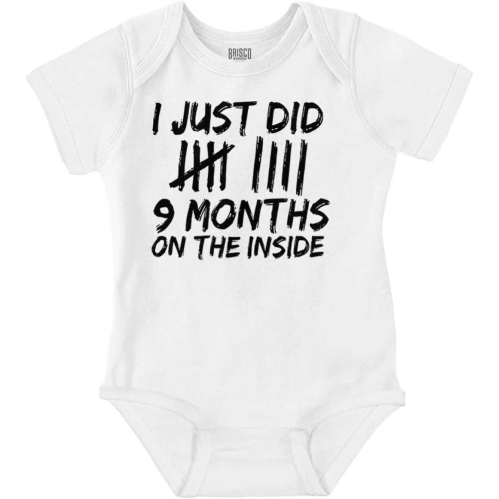 imageBrisco Brands 9 Months On The Inside Tally Marks Baby Romper Boys or GirlsWhite