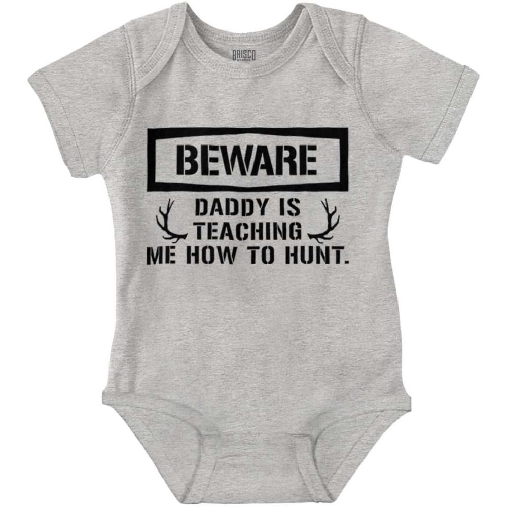 imageBrisco Brands Beware Daddy Teaching Me to Hunt Baby Romper Boys or GirlsHeather