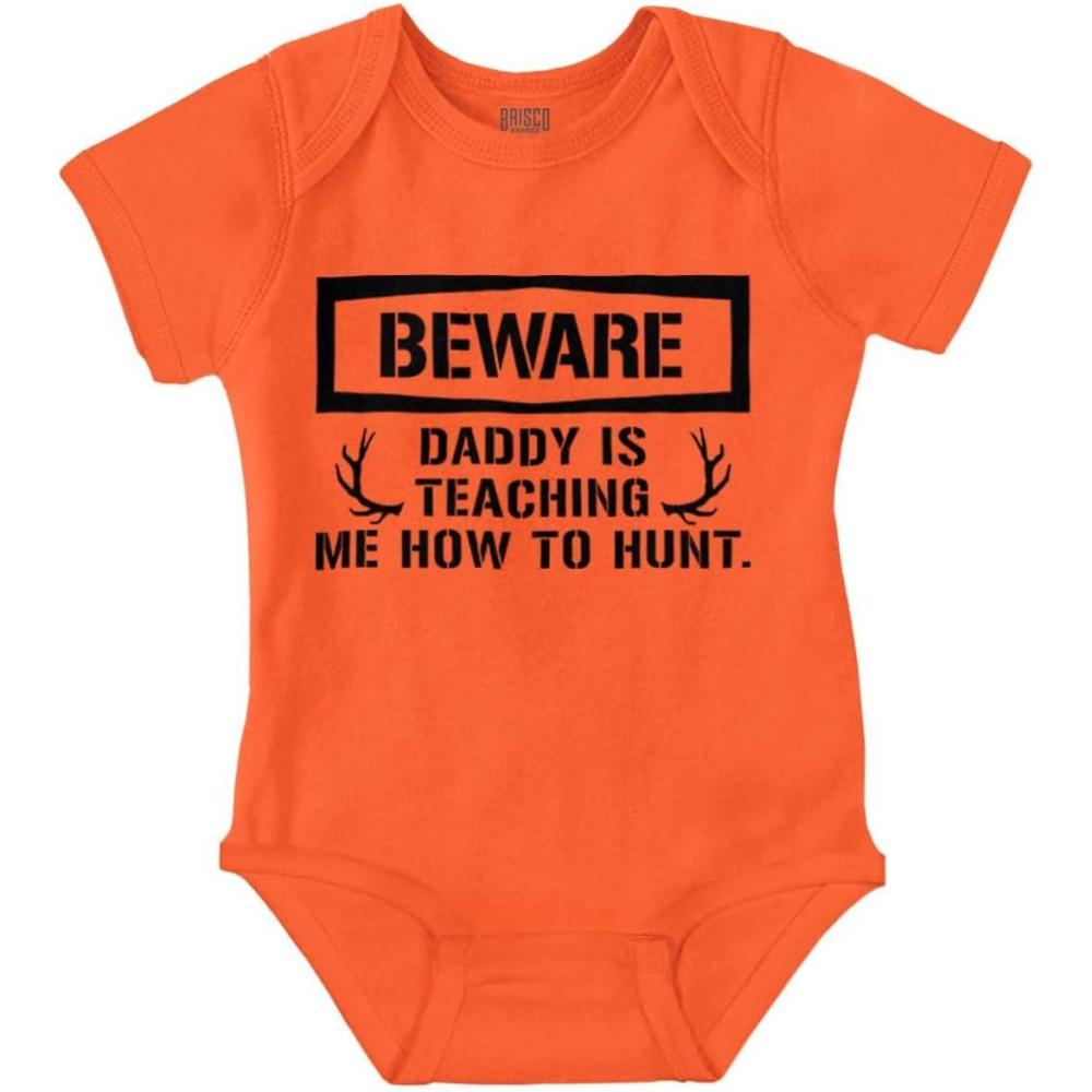 imageBrisco Brands Beware Daddy Teaching Me to Hunt Baby Romper Boys or GirlsOrange