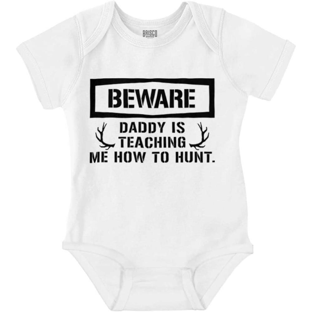 imageBrisco Brands Beware Daddy Teaching Me to Hunt Baby Romper Boys or GirlsWhite