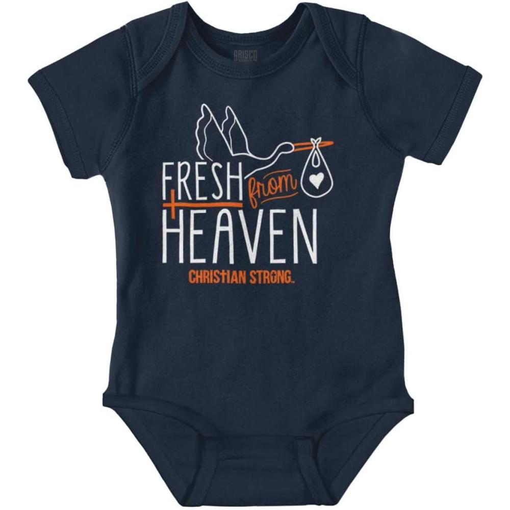 imageBrisco Brands Fresh From Heaven Shower Religious Baby Romper Boys or GirlsNavy