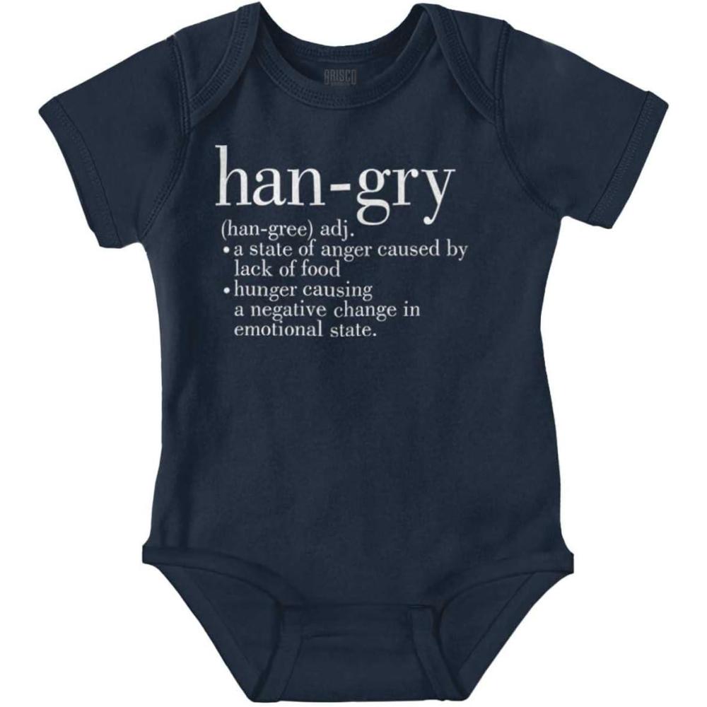 imageBrisco Brands Hangry Definition Angry Foodie Baby Romper Boys or GirlsNavy