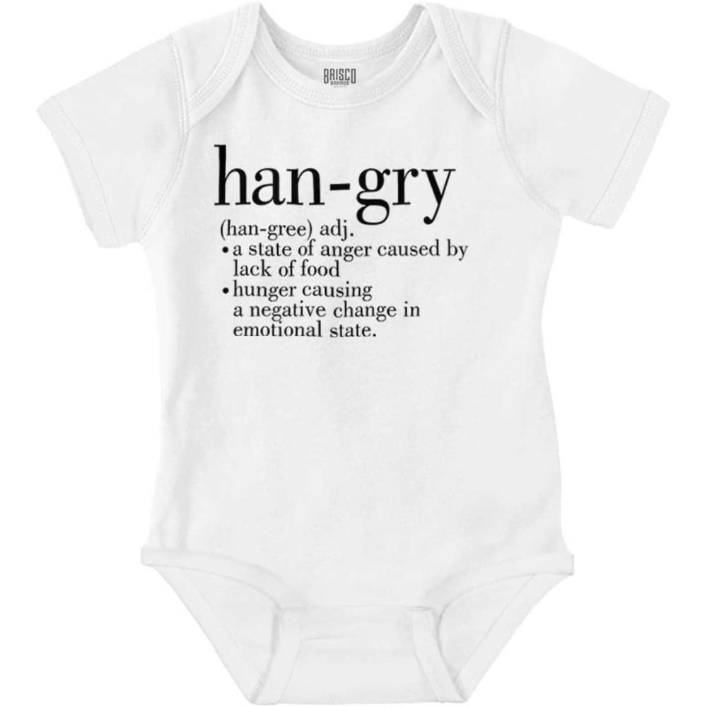 imageBrisco Brands Hangry Definition Angry Foodie Baby Romper Boys or GirlsWhite