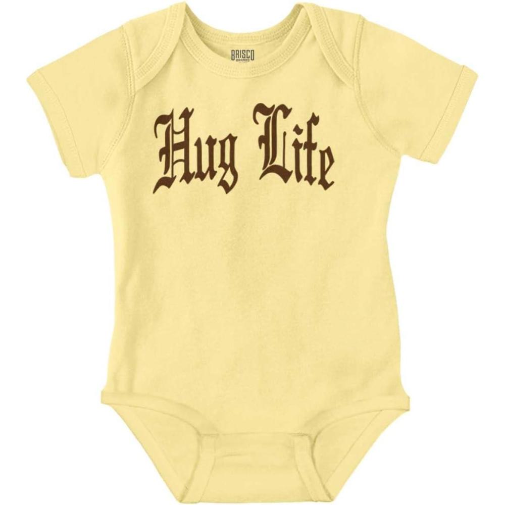 imageBrisco Brands Hug Life Tattoo Letters Font Funny Baby Romper Boys or GirlsBanana