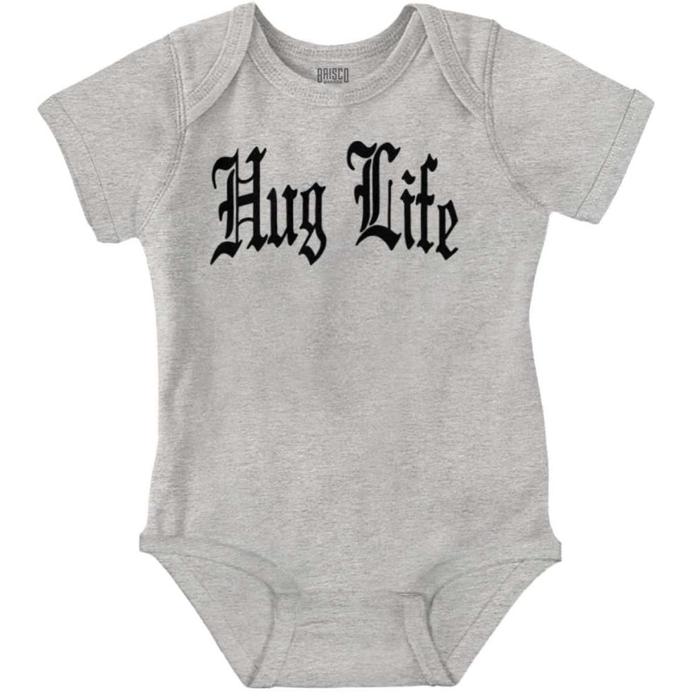 imageBrisco Brands Hug Life Tattoo Letters Font Funny Baby Romper Boys or GirlsHeather