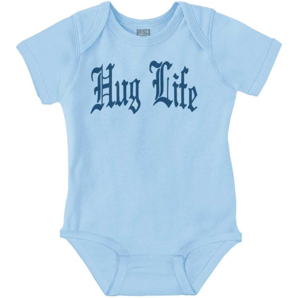 imageBrisco Brands Hug Life Tattoo Letters Font Funny Baby Romper Boys or GirlsLight Blue