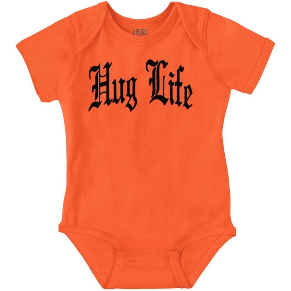 imageBrisco Brands Hug Life Tattoo Letters Font Funny Baby Romper Boys or GirlsOrange