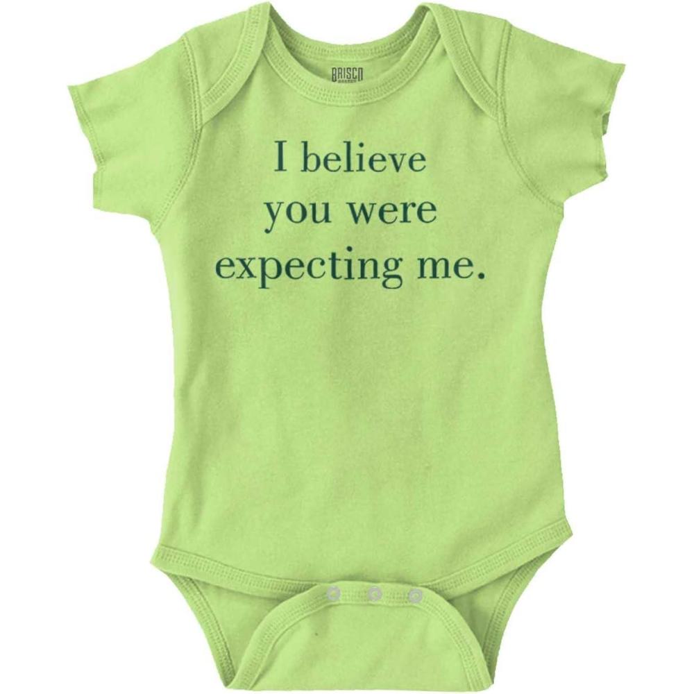 imageBrisco Brands I Believe You Were Expecting Me Baby Romper Boys or GirlsKey Lime